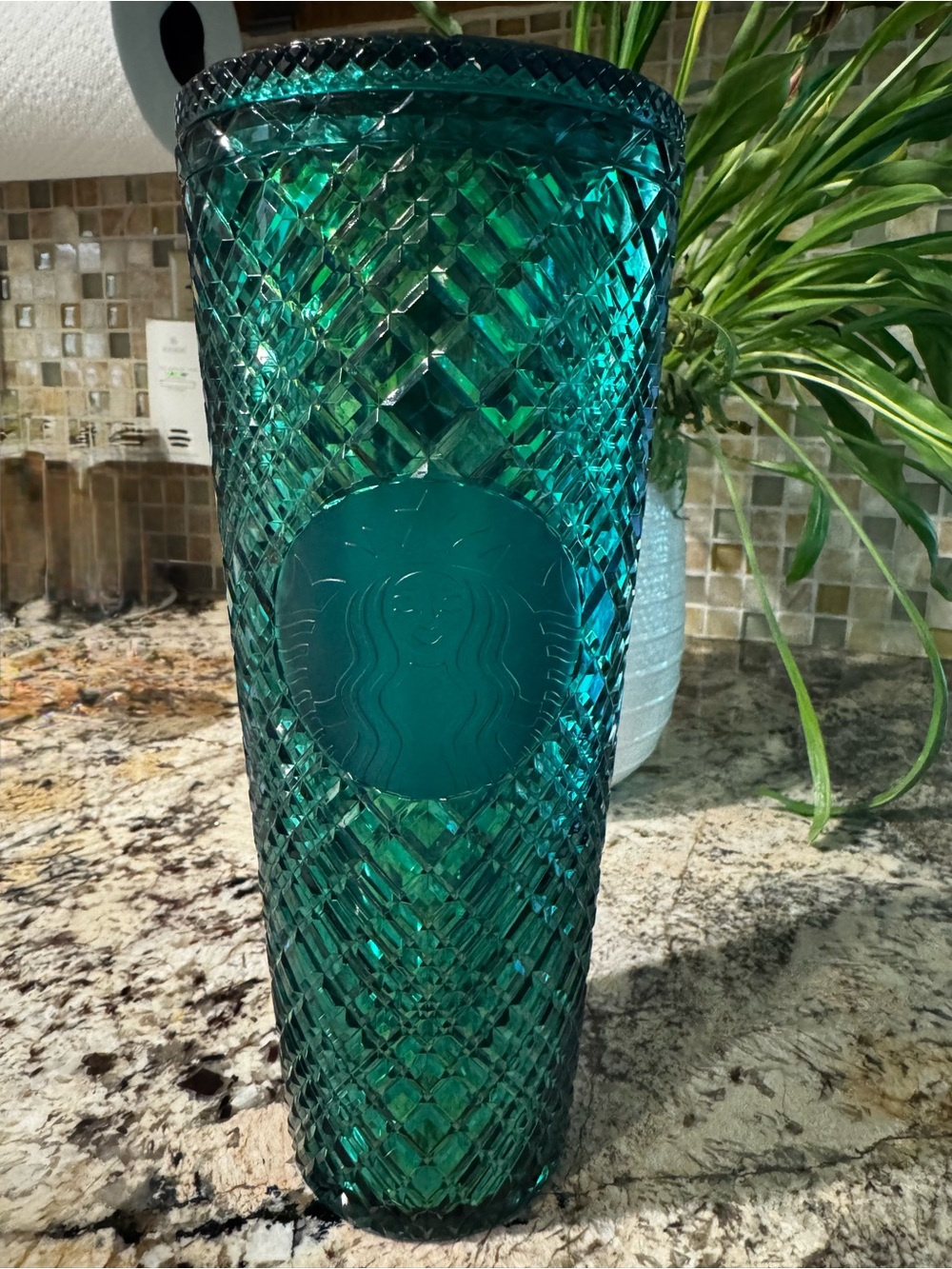 Starbucks Teal Green Emerald Diamond Tumbler - Textured Acrylic Travel Cup